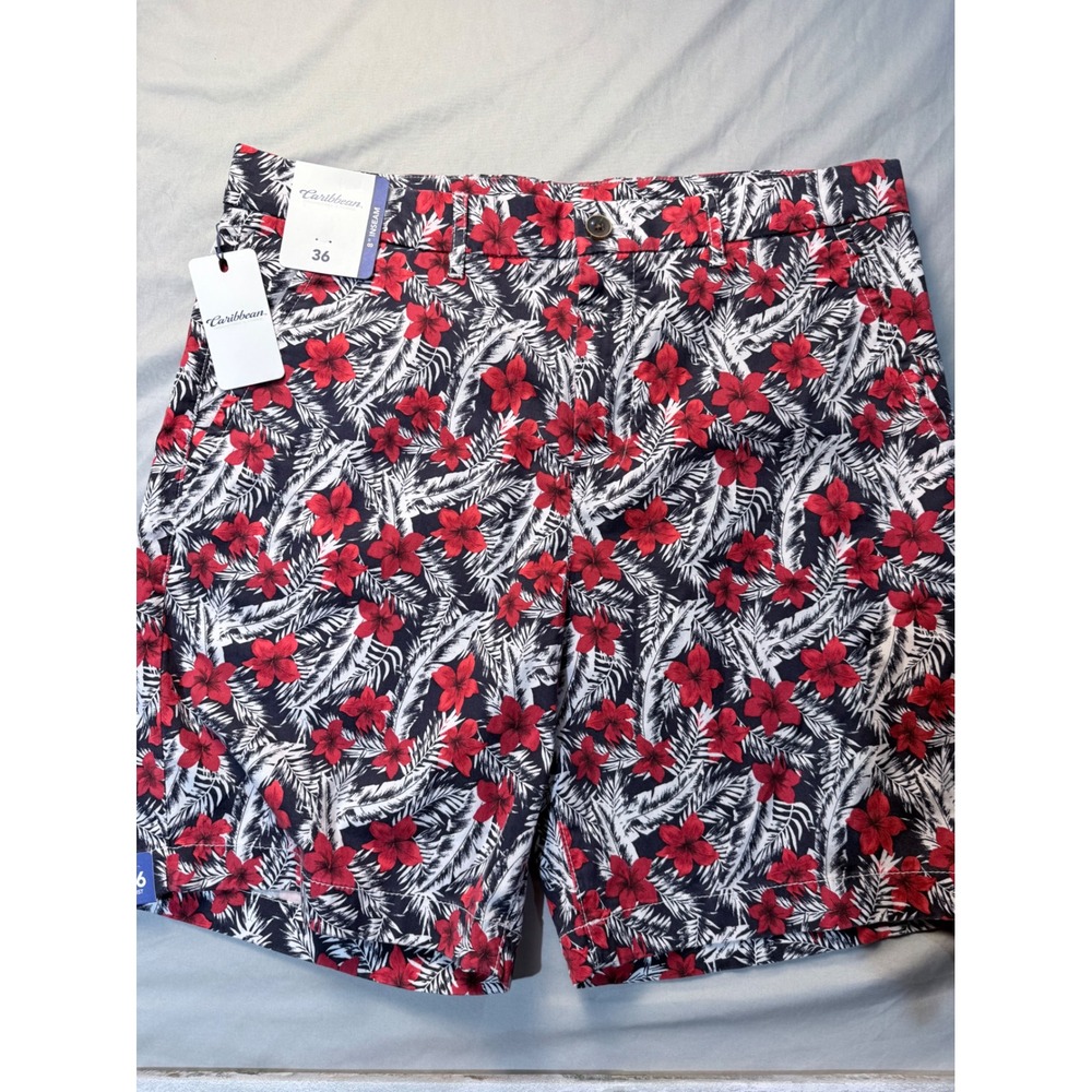 Caribbean Roundtree & Yorke Mens 36 Tropical Floral Shorts Red White Black NWT